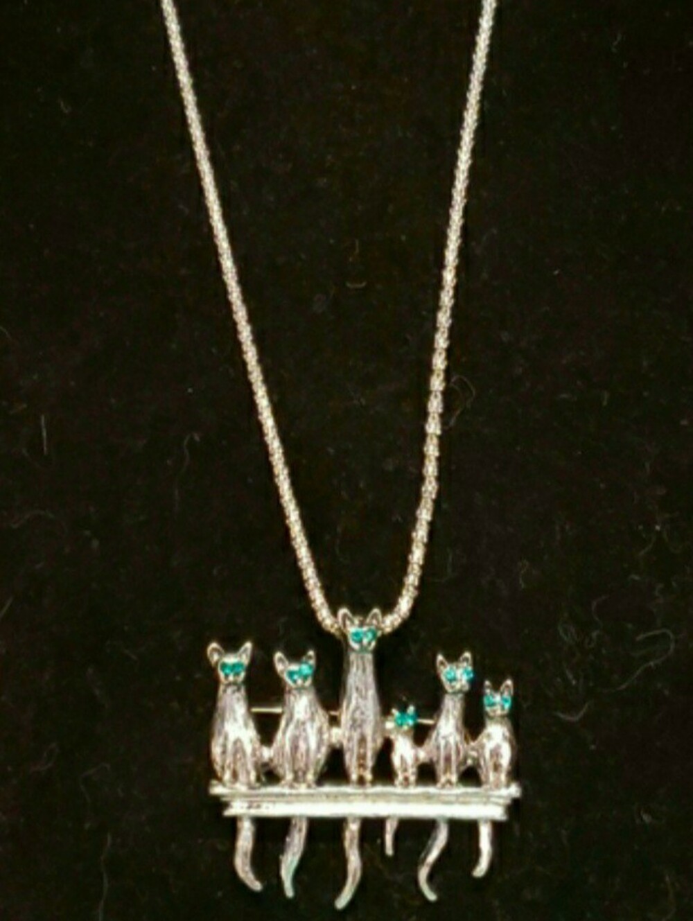 NEW Betsey Johnson Siamese Family Pendant Necklace/Pin Long, Slvrtn Chain, Blue.